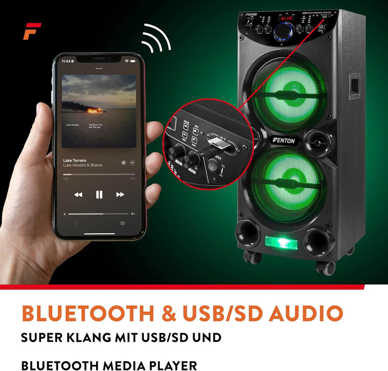 Fenton LIVE2104 - Karaoke Anlage mit 2 Mikrofonen, Bluetooth Karaoke Box, Fernbedienung, MP3-Player