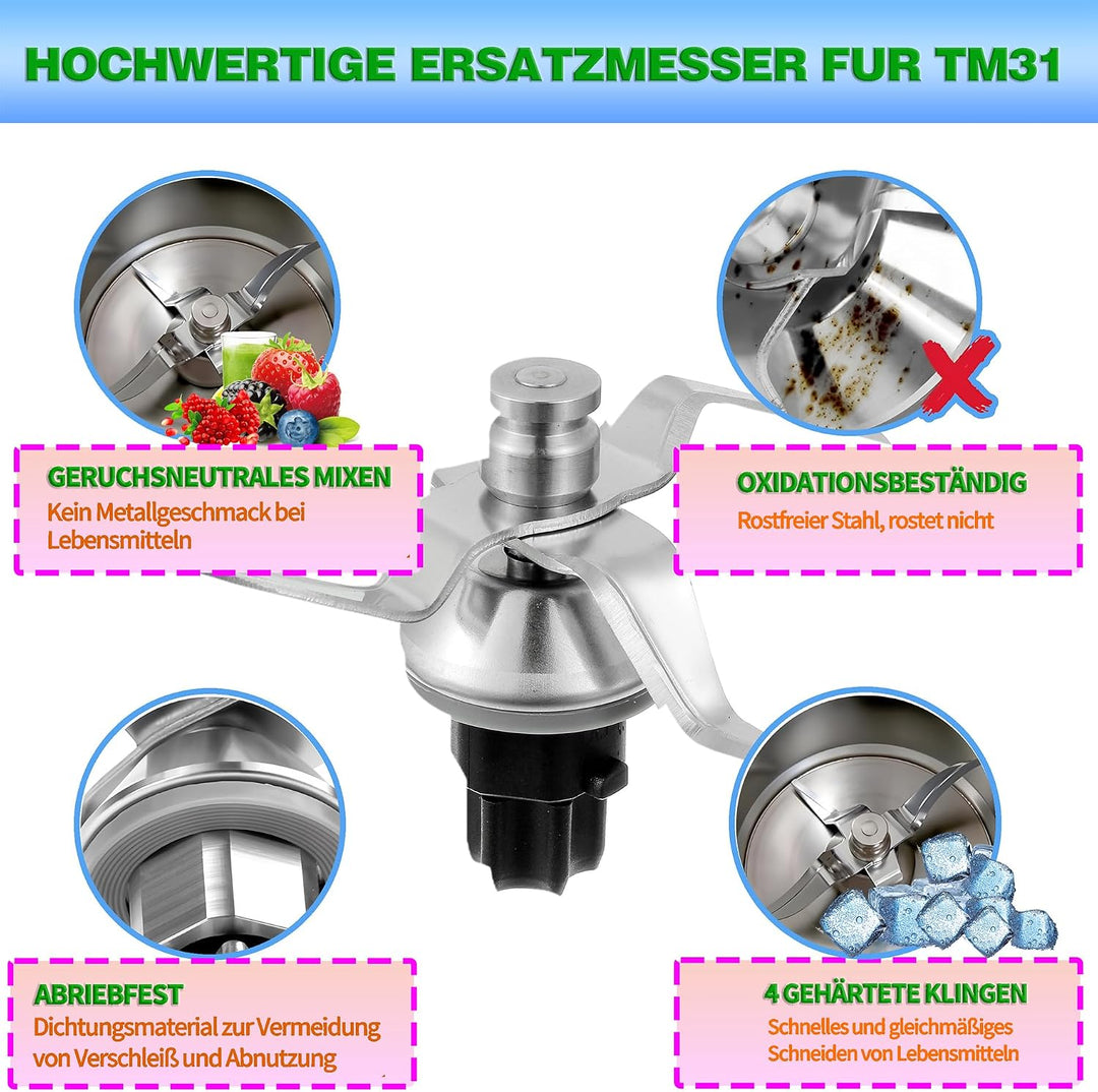 Edelstahl Mixerklinge kompatibel mit Vorwerk Thermomix TM31 | Mit Dichtung, Superscharfes hitzebestä