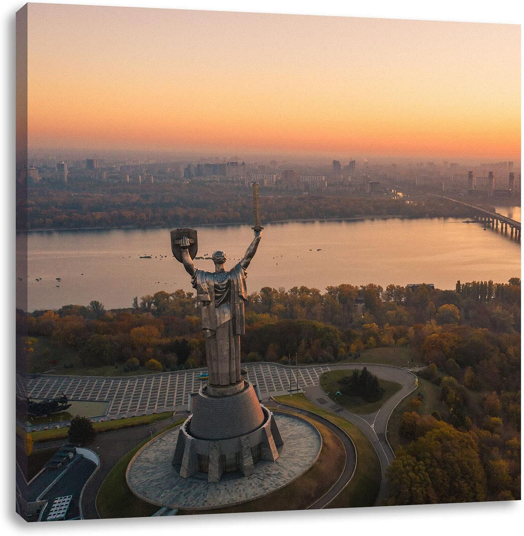 Pixxprint Skyline Kiew Sonnenuntergang als Leinwandbild Quadratisch| Grösse: 60x60 cm | Wandbild | K