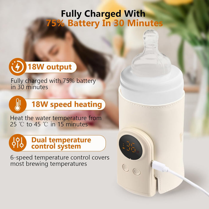 Portabler Flaschenwärmer mit 6000mAh Akku, 18W Schnellaufheizung & 6 Temperaturstufen (38-50°C), Pré