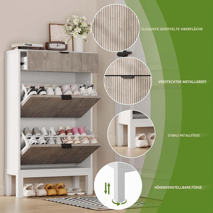 Breit 60 x 24 x 105 Hoch cm Schuhschrank Schmal, 2 Klappen & 1 Schubladen, Elegantes Wellenmuster De