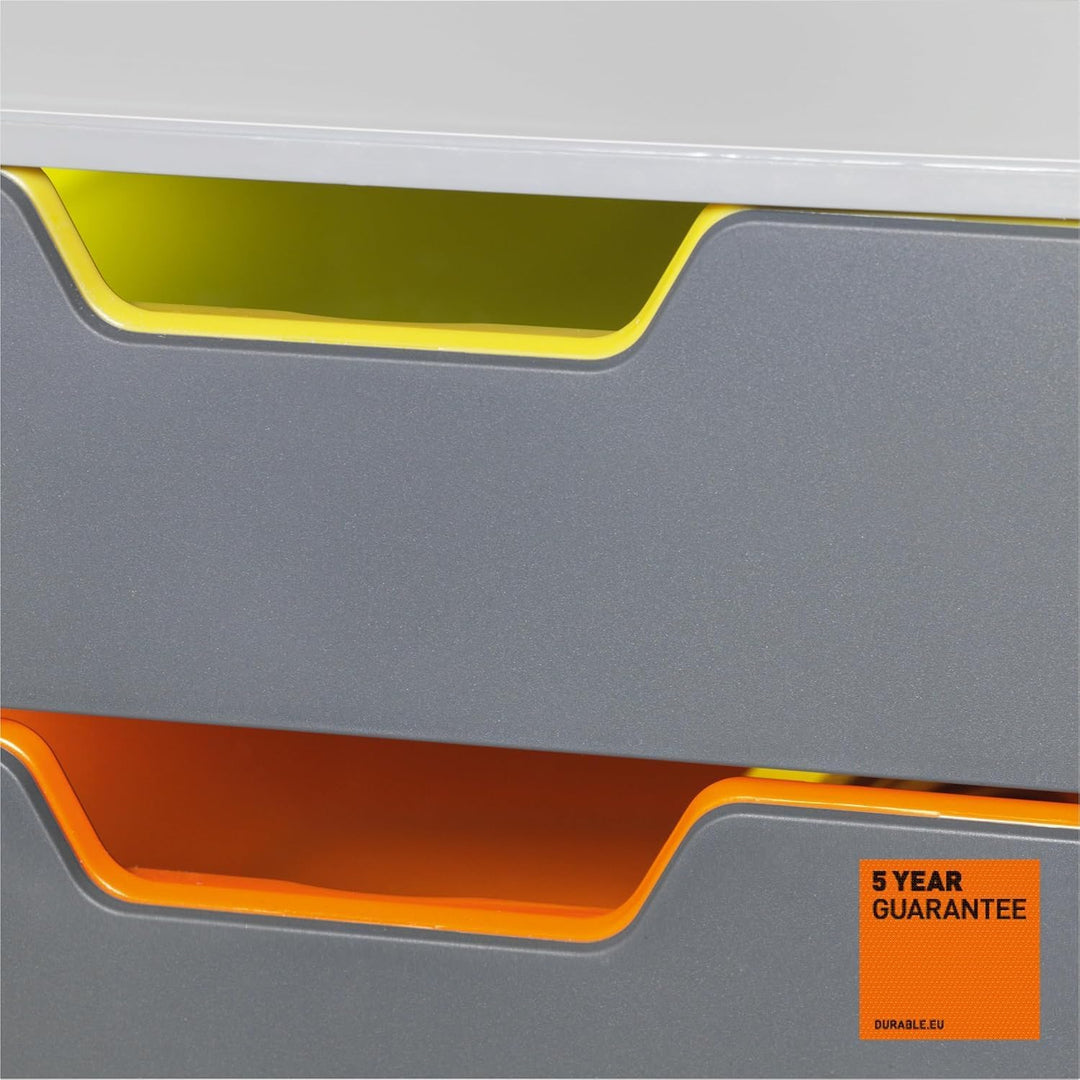 Durable Schubladenbox A4 (Varicolor) Ablagebox 5 Fächer, Ablagebox A4 mit Etiketten zur Beschriftung