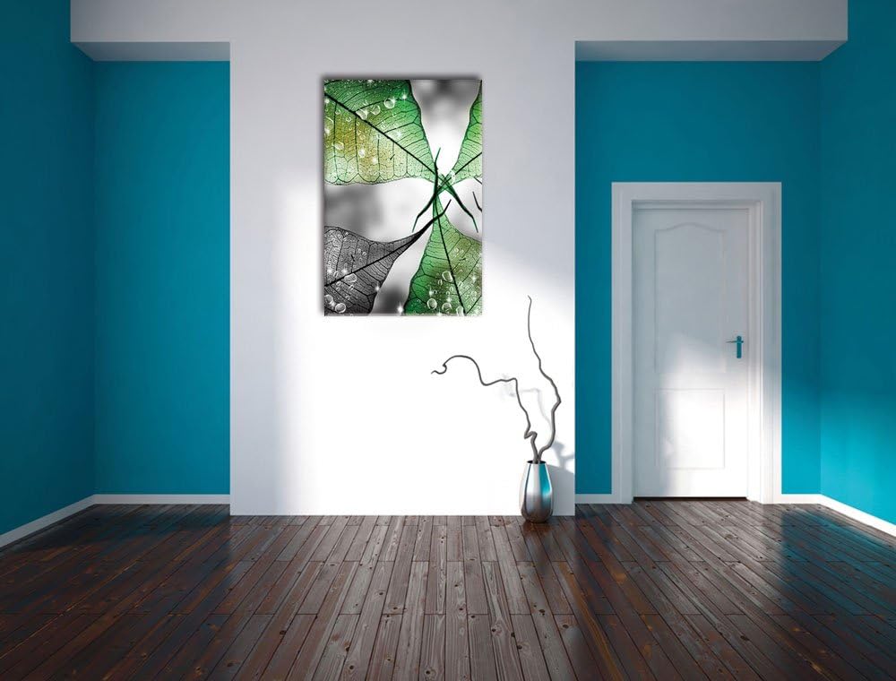 Pixxprint grüne Blätter mit Wassertropfen als Leinwandbild/Grösse: 100x70 cm/Wandbild/Kunstdruck/fer