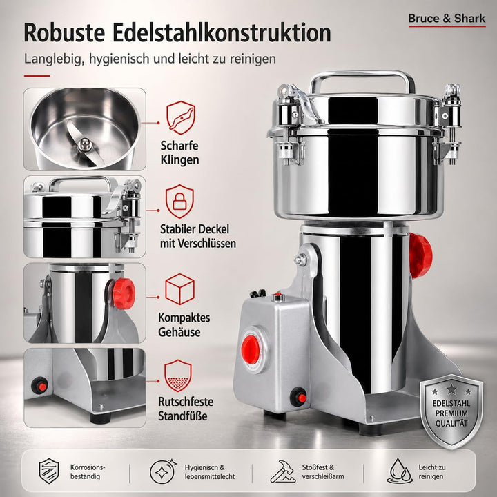 700g Hochgeschwindigkeits Elektrische Getreidemühle für kommerziellen Einsatz, 1800W, Edelstahlkonst