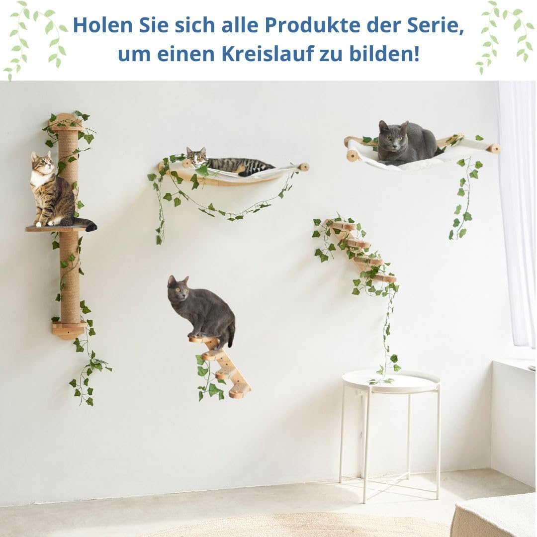 Katzentreppe - Katzenleiter Wandmontage aus Massivholz mit Juteseil und Dekorativen Blättern - Katze