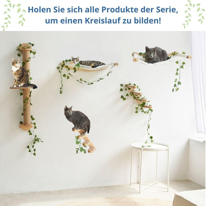 Katzentreppe - Katzenleiter Wandmontage aus Massivholz mit Juteseil und Dekorativen Blättern - Katze
