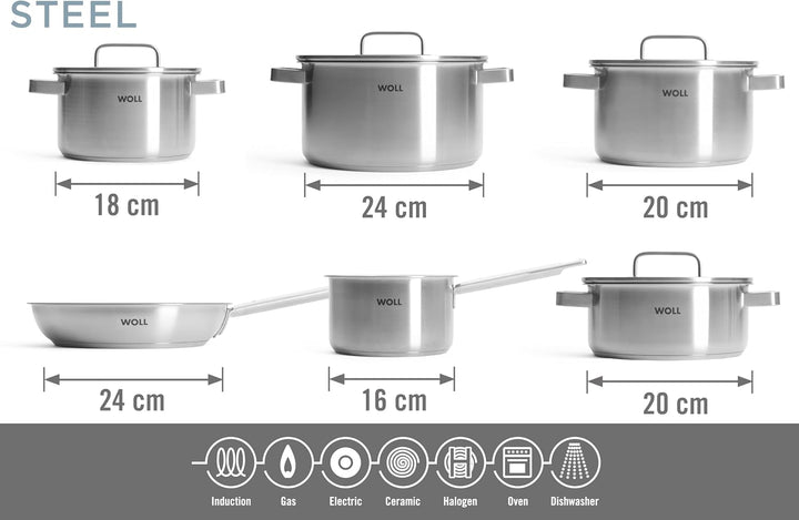WOLL – Steel Topf-Set 10-teilig Ø 20–24 cm – Induktions-Töpfe aus Edelstahl, spülmaschinenfest, ener