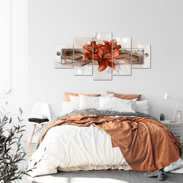 Runa Art - Bilder Blumen Lilien 200 x 100 cm 5 Teilig XXL Wanddekoration Design Beige Braun 008751b