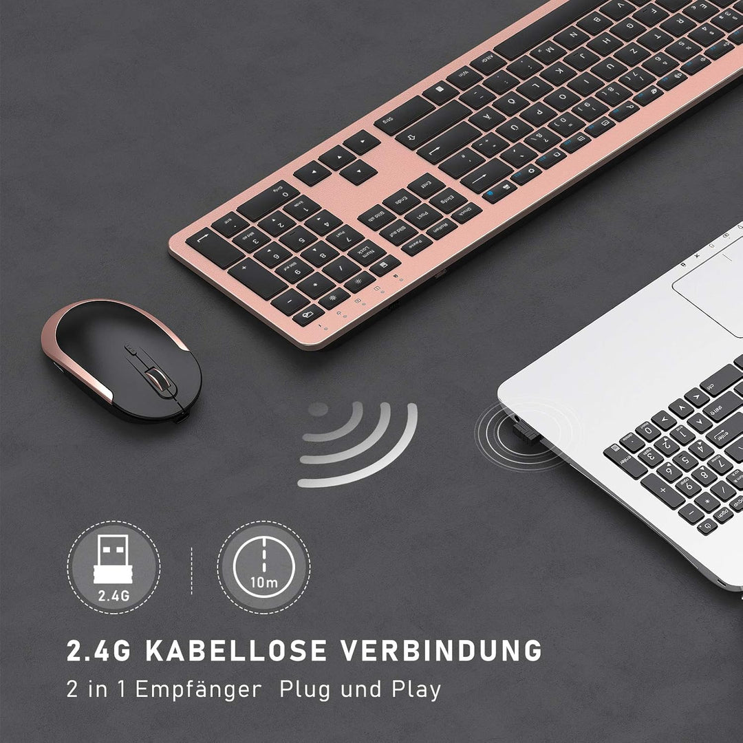 seenda Funktastatur mit Maus, Wiederaufladbare Ultra-Dünne Tastatur Maus Set Kabellos, Ergonomische