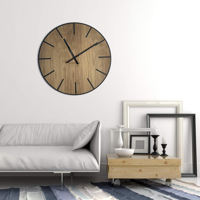 FLEXISTYLE EKO gross wanduhr ohne tickgeräusche Wood Art Schwarz 60cm, Wohnzimmer, Schlafzimmer, in