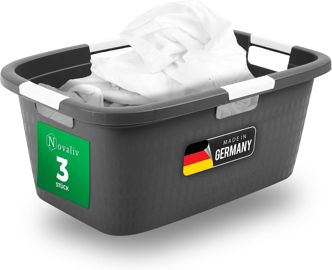 Novaliv 3 Stück Wäschewanne mit 4 Griffen 40L Anthrazit, Wäschebox Set Wäscheeimer Wäschebehälter fü