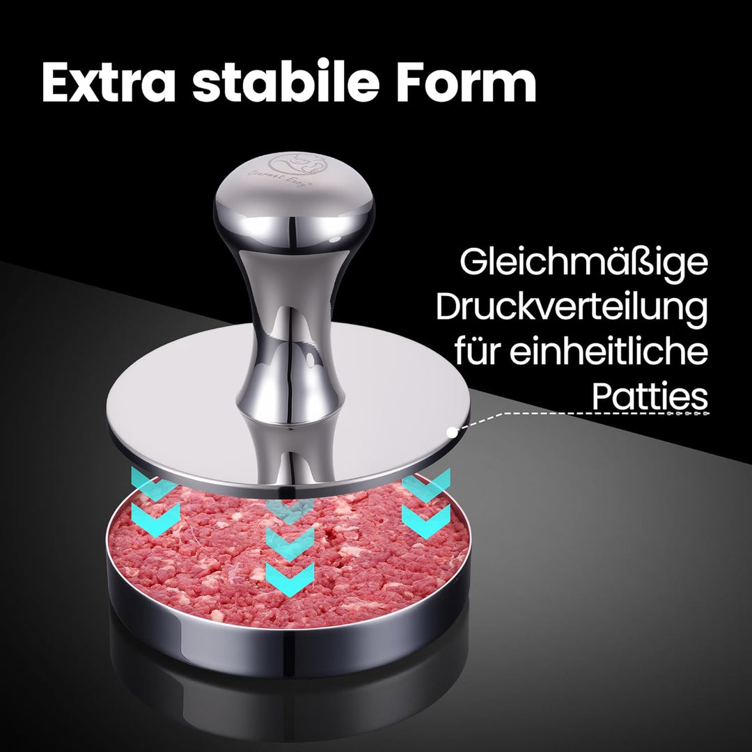 Burgerpresse aus Edelstahl 2-in-1 | Burger Patty Presse & Hamburgerpresse | inkl. Antihaft-Trennpapi