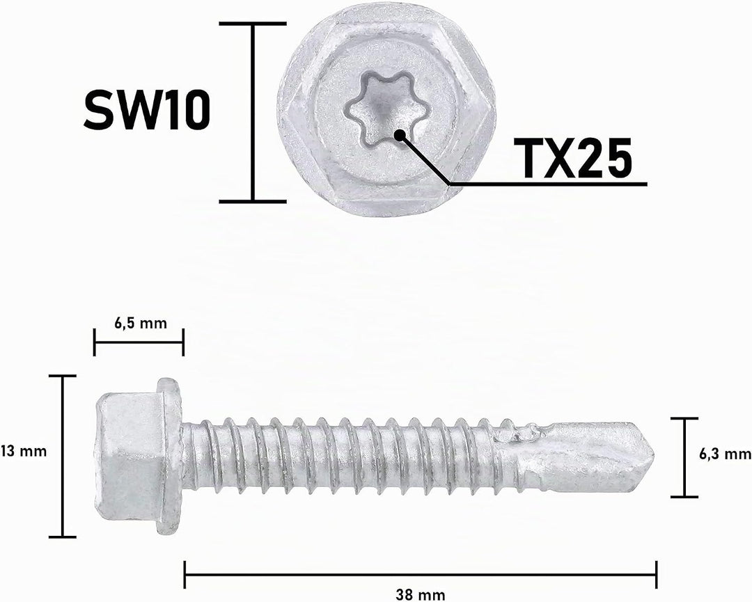 Sechskant-Bohrschraube SW10 + TX25, Zinklammellenbeschichtung, Unterkopf-Sperrverzahnung, 6.3x38 mm,