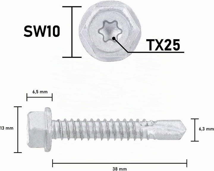 Sechskant-Bohrschraube SW10 + TX25, Zinklammellenbeschichtung, Unterkopf-Sperrverzahnung, 6.3x38 mm,