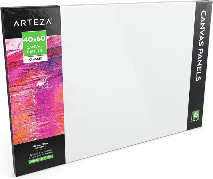 Arteza Malkarton, 40x60cm Grosspackung mit 6 Leinwänden, weisse grundierte 100% Baumwolle, für Maler