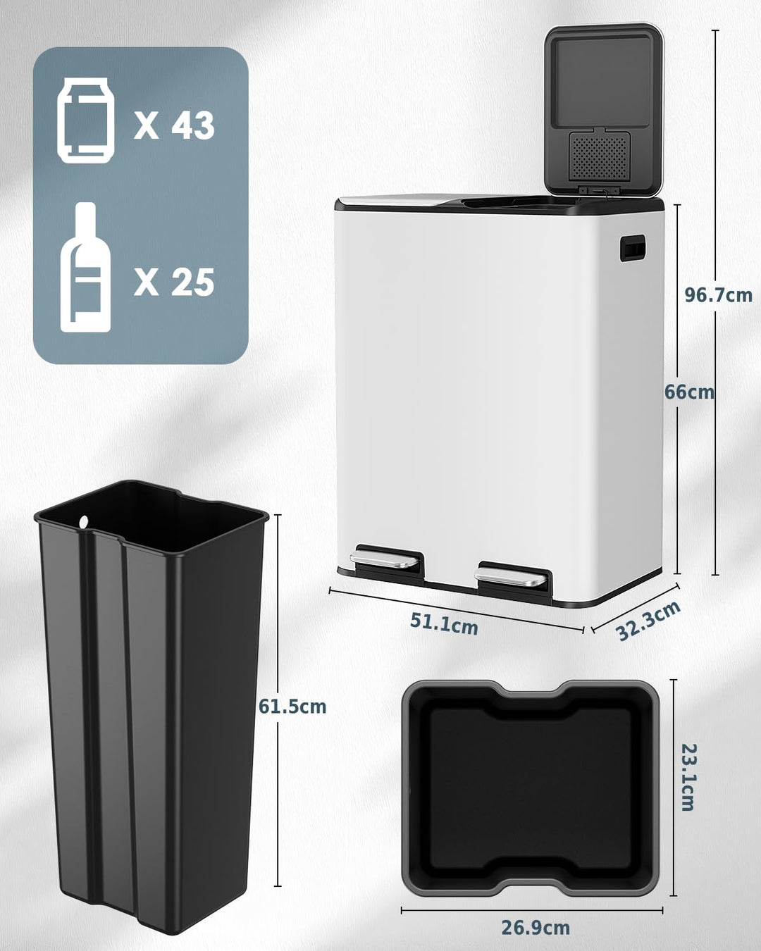LIFERUN Mülleimer 2 Fächer, 2 x 30 Liter Treteimer mit Geruchsfilter, Deckel Geräuschlos, Inneneimer