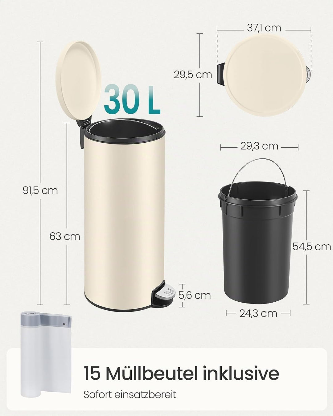 SONGMICS Mülleimer Küche, mit Deckel, Softclose, Beige, 30 L, Beige