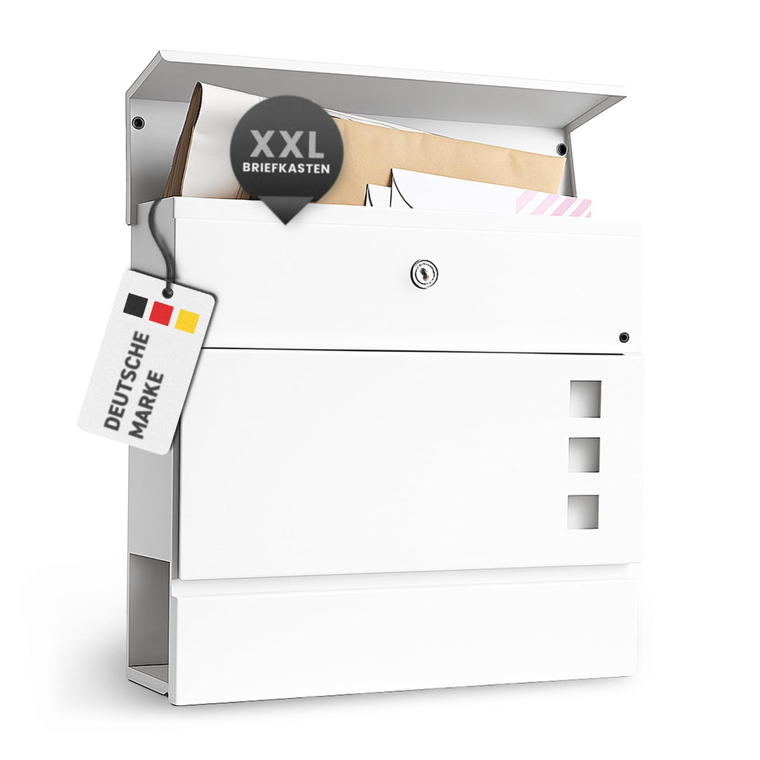 Rapid Teck® Design Briefkasten Modern 2 Weiss Silber mit Zeitungsfach, Stahl Pulverbeschichtet Weiss