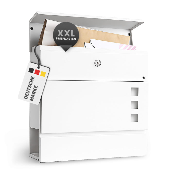 Rapid Teck® Design Briefkasten Modern 2 Weiss Silber mit Zeitungsfach, Stahl Pulverbeschichtet Weiss