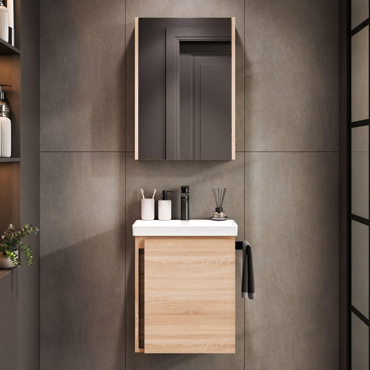 Planetmöbel Waschbeckenunterschrank mit Keramikwaschbecken & Spiegelschrank 50cm in Sonoma Eiche, mo