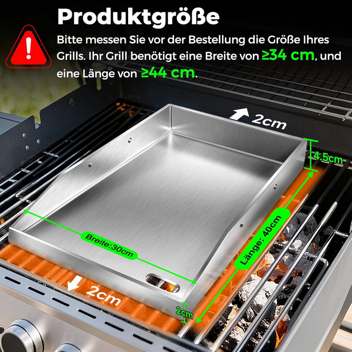 Grillplatte Plancha, 4 mm starker Edelstahlgrill für Gas- und Holzkohlegrills 40 x 30 x 4 cm, mit ab