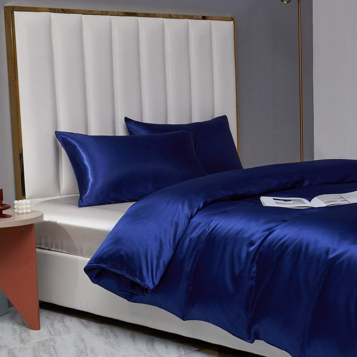 Boqingzhu Bettwäsche Satin 200×220cm Marine Blau Uni Glatt Glanzsatin Seide Luxus Bettwäsche Set Bet