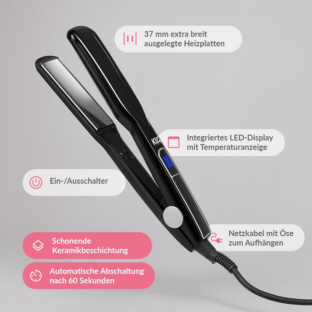 KU2 Cosmetics Haarglätteisen Bold I Extra breite 37 mm Keramik-Platten, LED-Display I 130–220 °C & 4