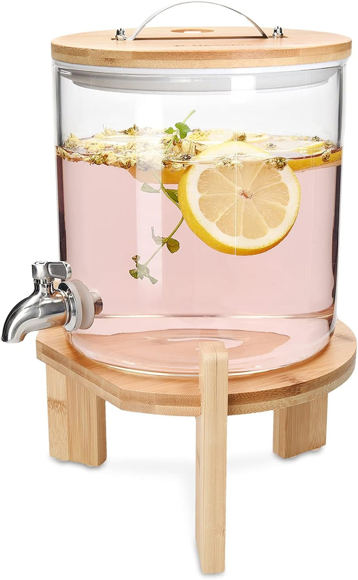 Navaris 5L Getränkespender mit Zapfhahn aus Edelstahl - Glas Wasserspender mit Stand aus Bambus Holz