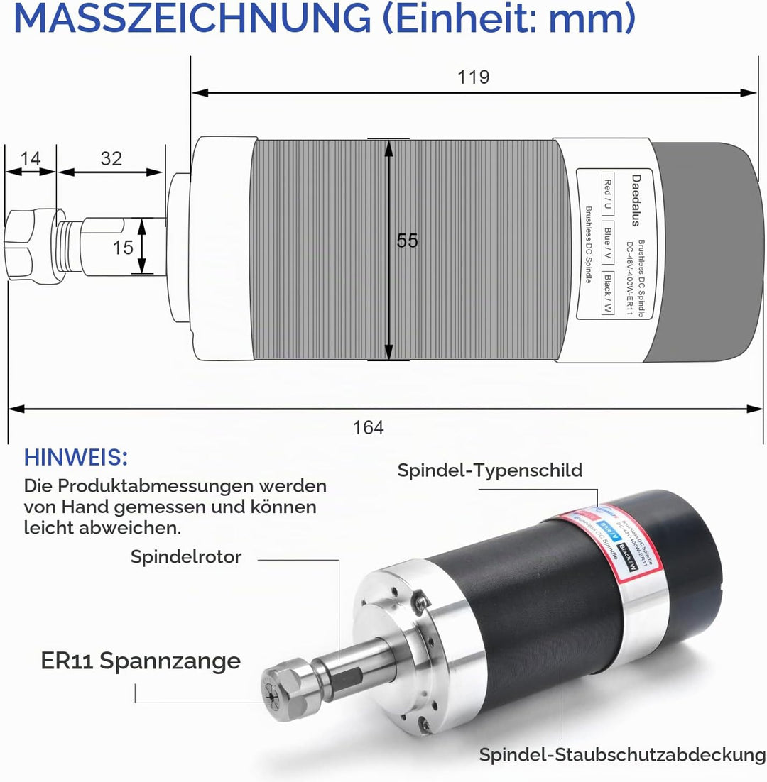 Daedalus CNC Bürstenloser Spindelmotor Kit, 400w, ER11, 48V DC, 12000RPM ER11 400w Er11