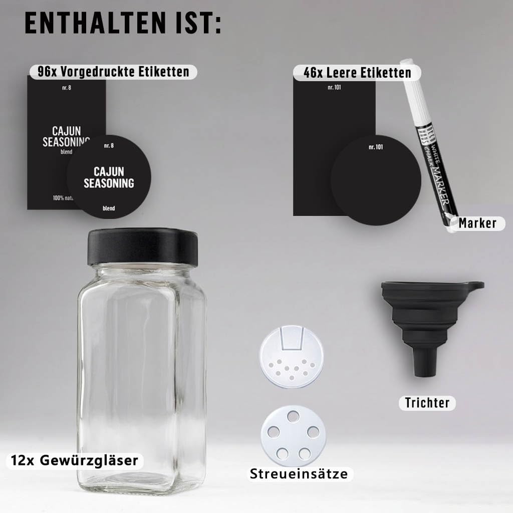 Deco haus® Gewürzgläser eckig luftdicht 12er Set [inkl. Etiketten & Streueinsatz] - Gewürzdosen Set