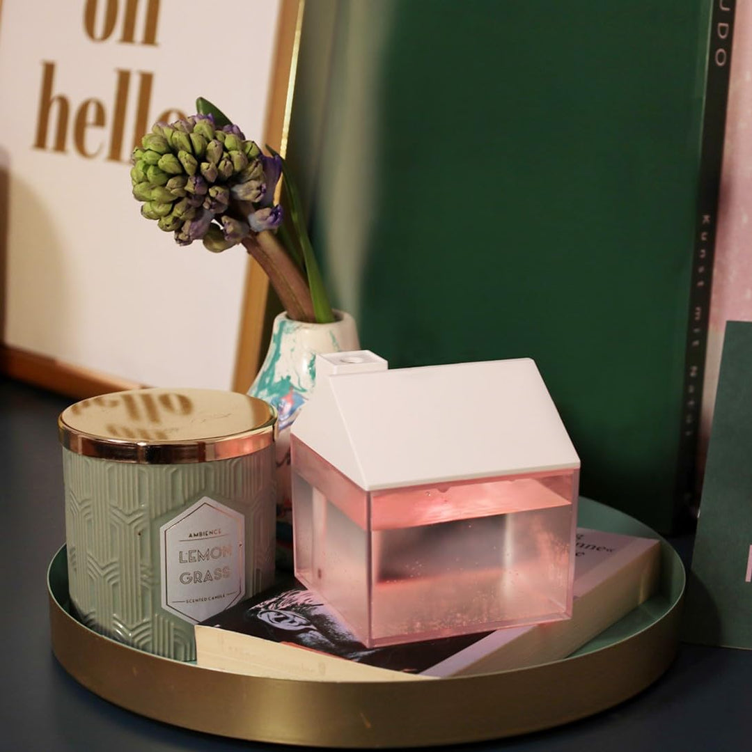 Hellum Luftbefeuchter dekorativ, tragbar in weiss, Diffuser in Form eines Haus 8,4x9,5cm gross, süss