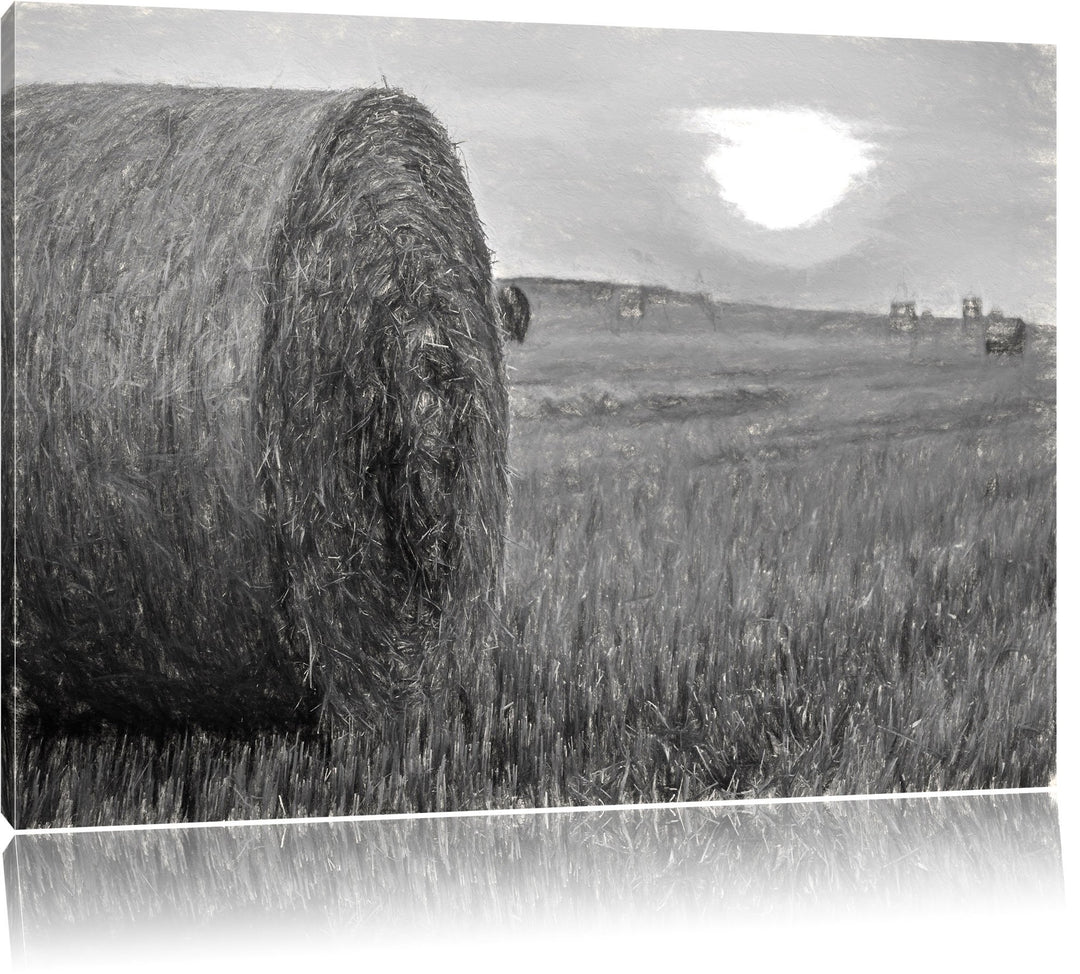 Pixxprint Strohballen auf Feld als Leinwandbild/Grösse: 100x70 / Wandbild/Kunstdruck/fertig bespannt