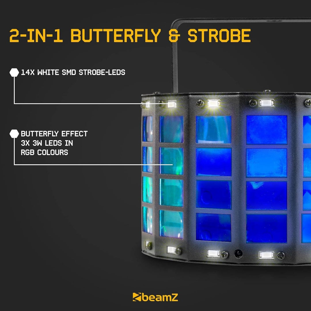 BeamZ LED Butterfly Partylicht 3x3W RGB + 14xSMD Strobe Musikgesteurt oder Automatikmodus, Disco Lic