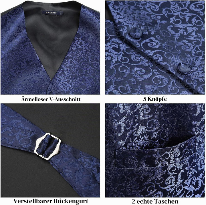 HISDERN Herren FLoral Hochzeit Weste Krawatte Einstecktuch Taschentuch Jacquard Weste Anzug Set S Ma