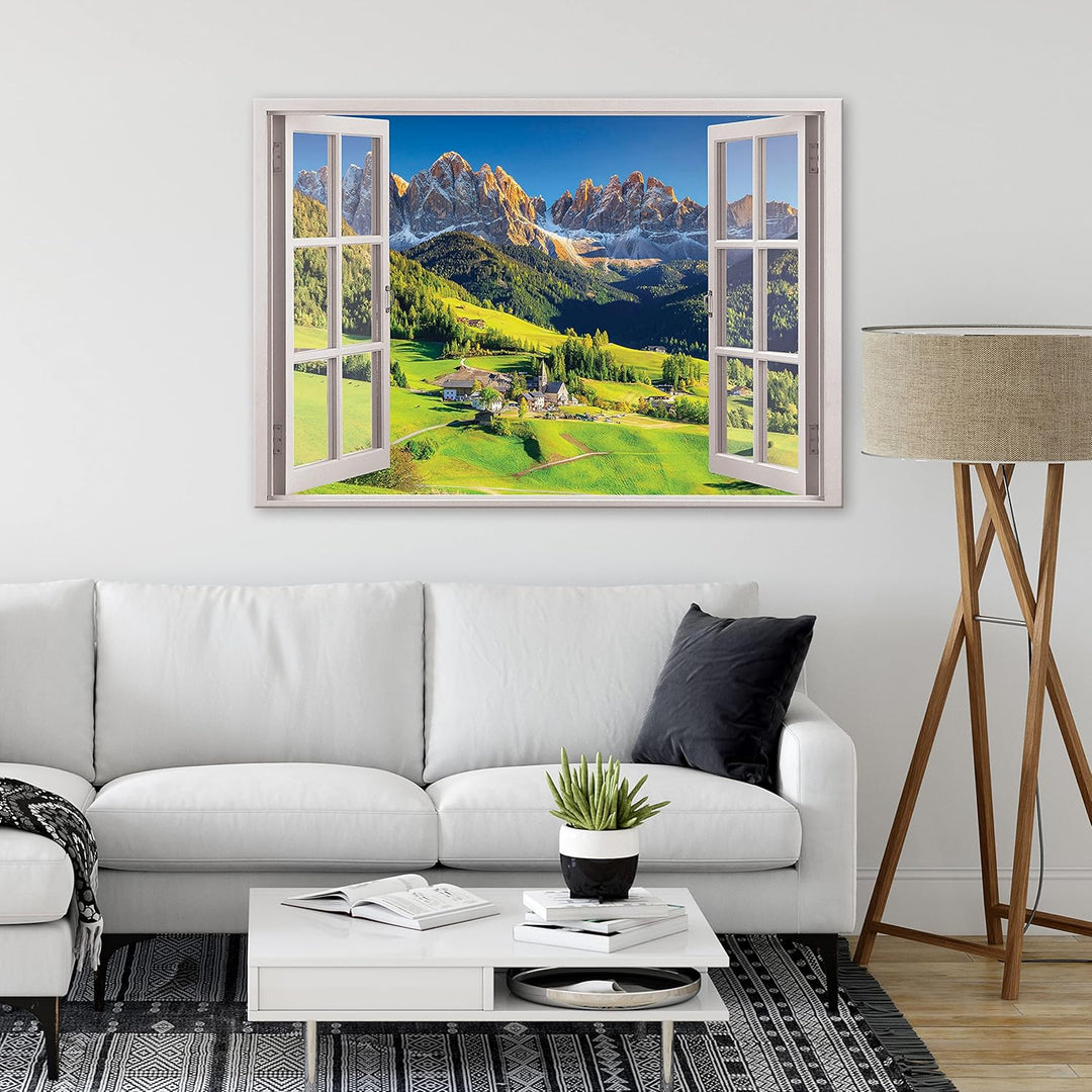 WallArena - Leinwand Bilder - Fensterbilck Fenster Natur Berge Alpen - 80x60 cm Leinwandbilder - Bil