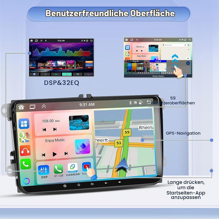 Hikity 8 core 4+64GB Android 15 Autoradio für VW Golf 5 6 Passat Polo Tiguan Touran Caddy Skoda, 9"