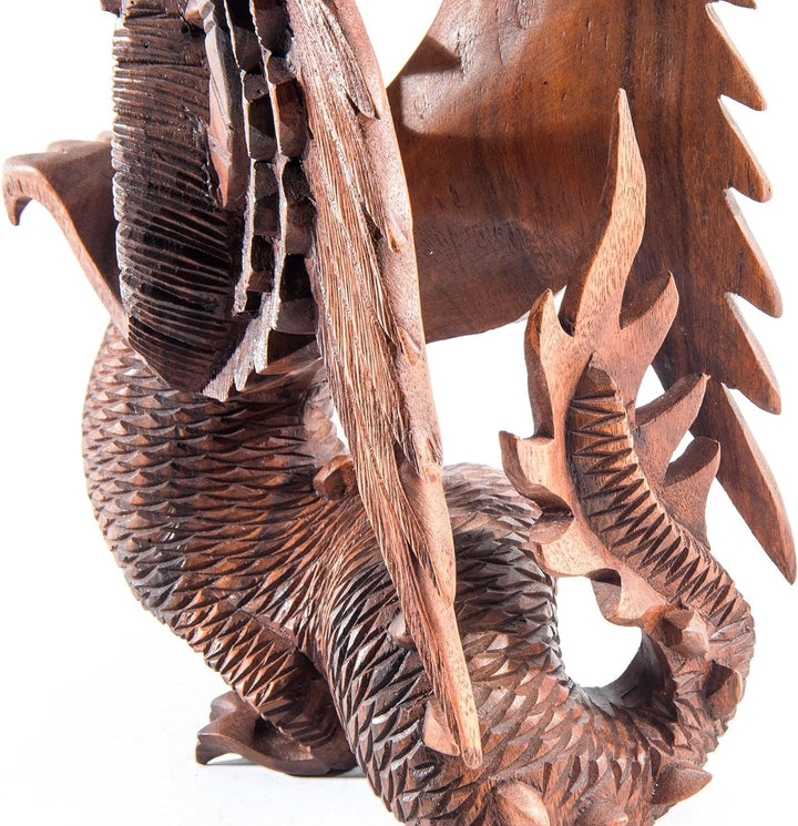 Windalf Handarbeit Holzfigur Drache BRAINN 30 cm Stehender Holz-Drache mit Flügeln Glücksbringer Sch