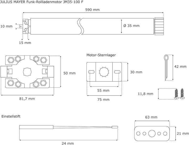 JULIUS MAYER Funk Rolladenmotor JM 35-100F, SW 40 mm, Zugkraft 25 kg, elektro-mechanischer Rohrmotor