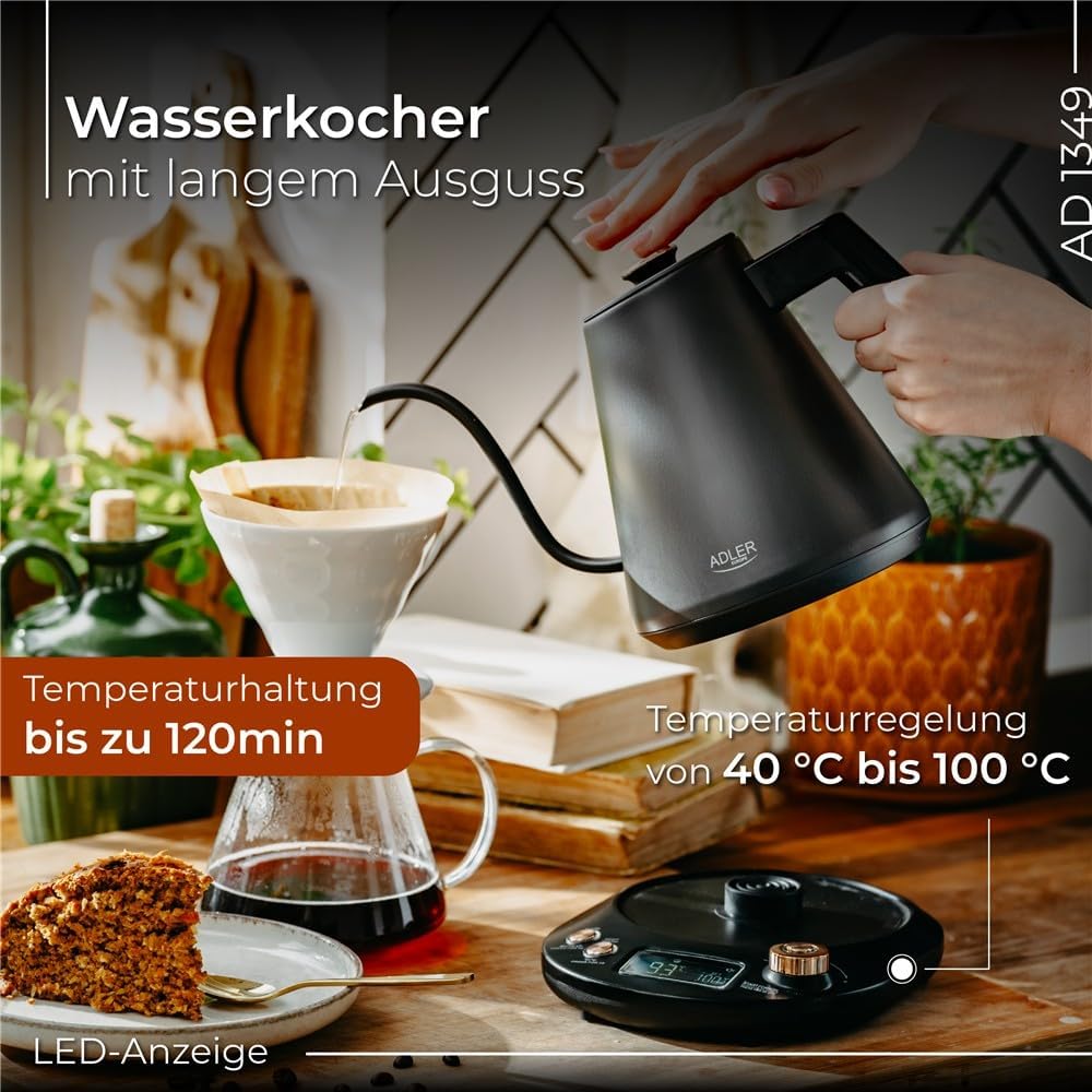ADLER EUROPE AD 1349 Wasserkocher 1L – Schwarz-Gold, LED-Temperaturanzeige, 900W, Temperaturregulier
