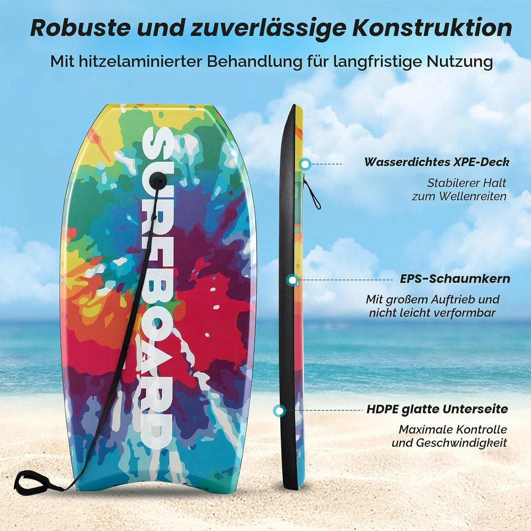 HOMASIS Leichtes Bodyboard, Surfbrett mit EPS-Kern, XPE-Deck, HDPE-Boden &amp; Handgelenk-Leash, Surfboa