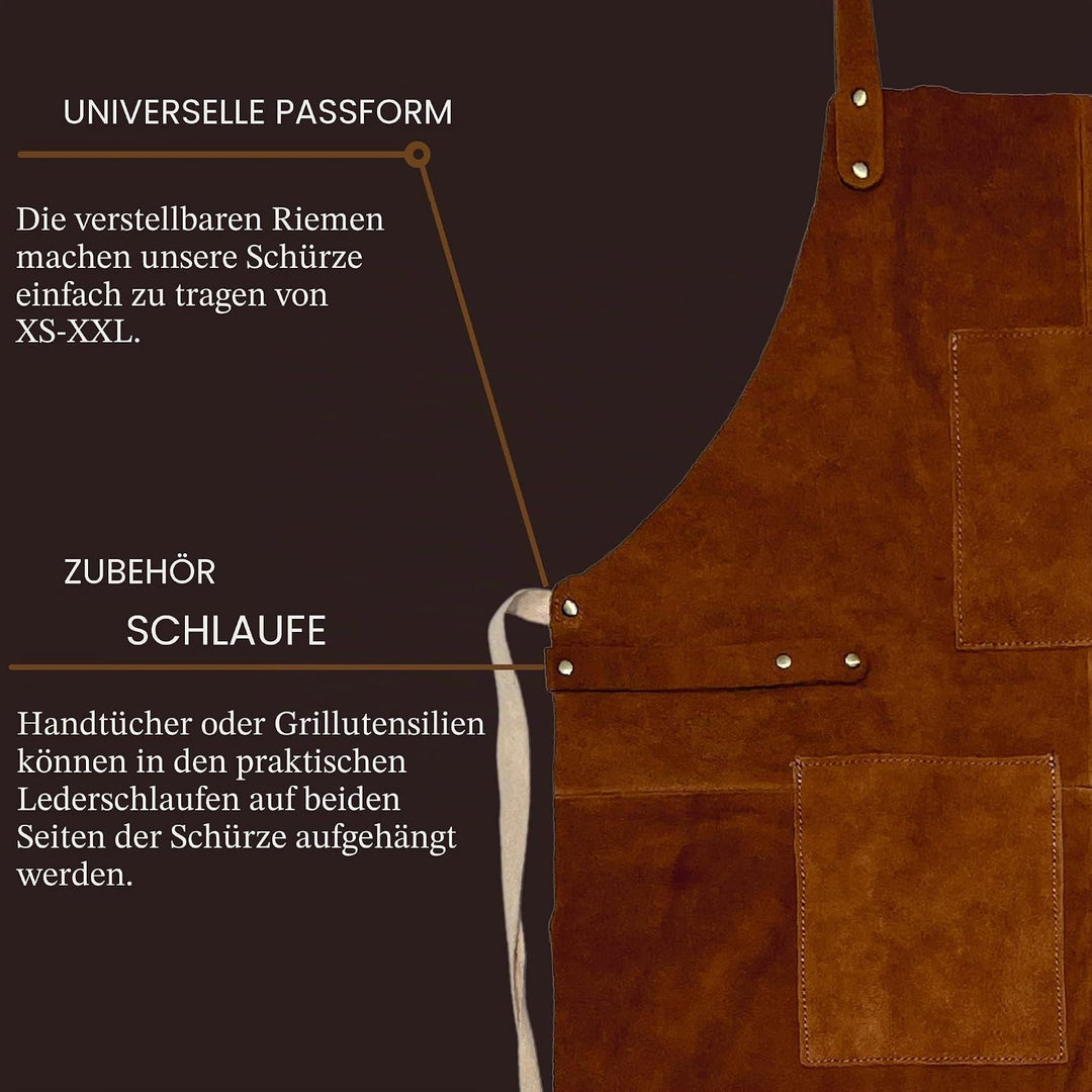 Grill-Arbeitsschürze aus Leder mit Werkzeugtaschen – verstellbare Grill-Kochschürze bis XXL für Männ
