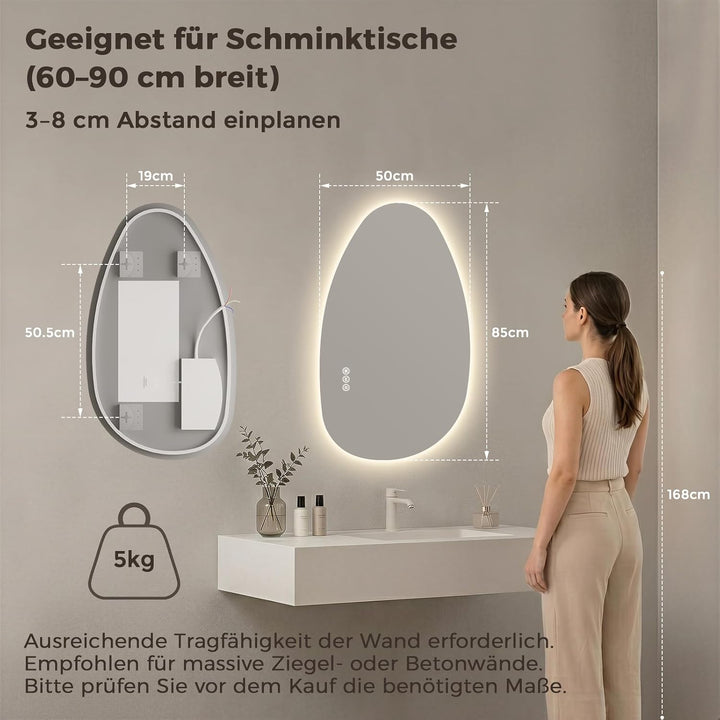 S'AFIELINA Spiegel mit Beleuchtung Asymmetrischer LED Badspiegel 85 × 50 × 2,5 cm (H × B × T) mit To