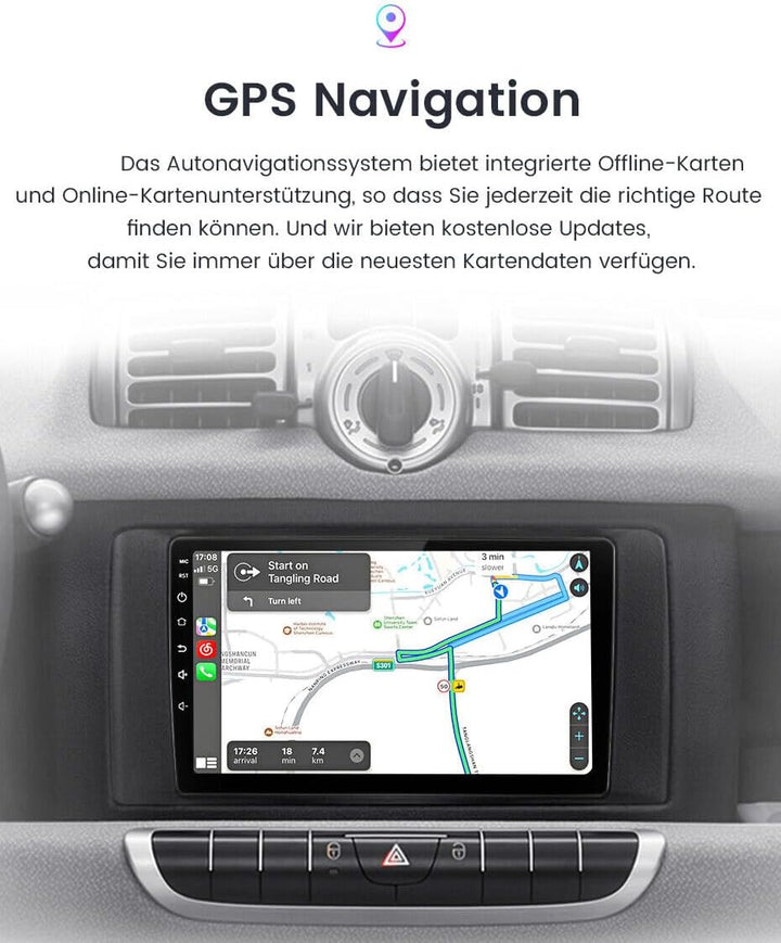 Android Autoradio mit GPS Navigation + HD Nachtsicht Auto Rückfahrkamera Ersatz für Smart Forfour 4