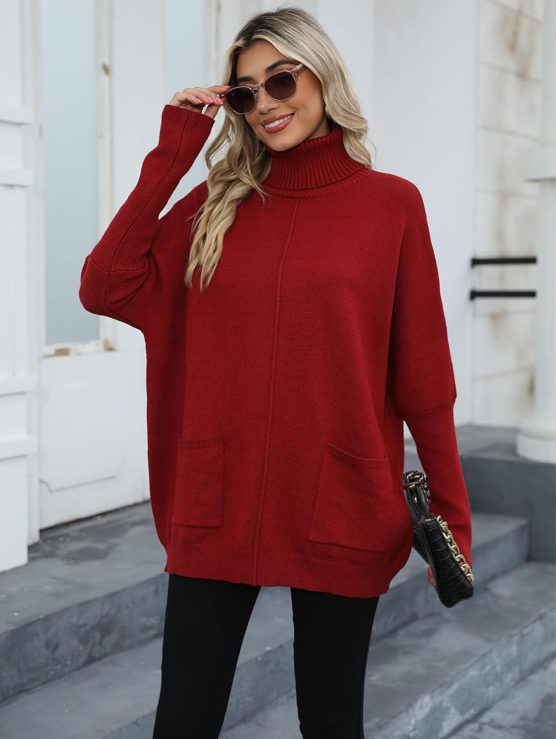 Famulily Basic Dicke Warm Herbst Winter Fledermausärmel Strick Damen Rollkragenpullover Mit Taschen