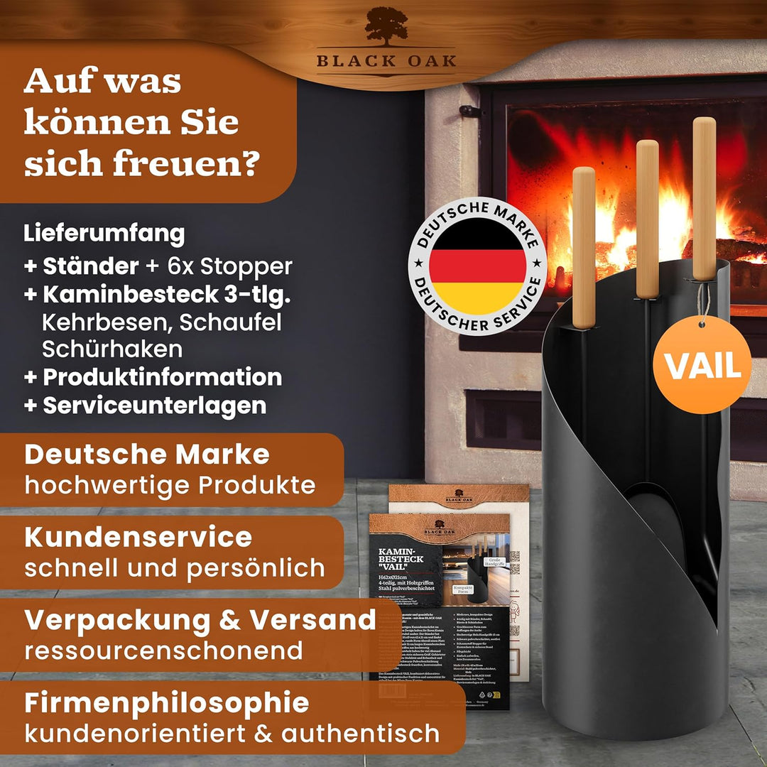 BLACK OAK Kaminbesteck VAIL 4-teilig - modernes Ofenbesteck Set schwarz mit Holzgriff 4 teilig mit S