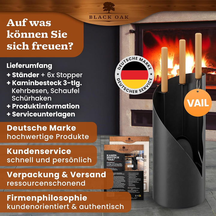 BLACK OAK Kaminbesteck VAIL 4-teilig - modernes Ofenbesteck Set schwarz mit Holzgriff 4 teilig mit S