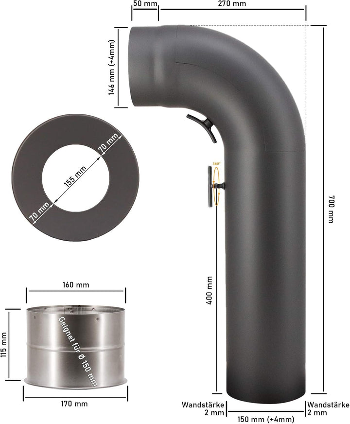 LANZZAS Ofenrohr Set 90° Grad gezogen kurz mit Tür, im Durchmesser, DN Ø 150 mm, Farbe: gussgrau - w