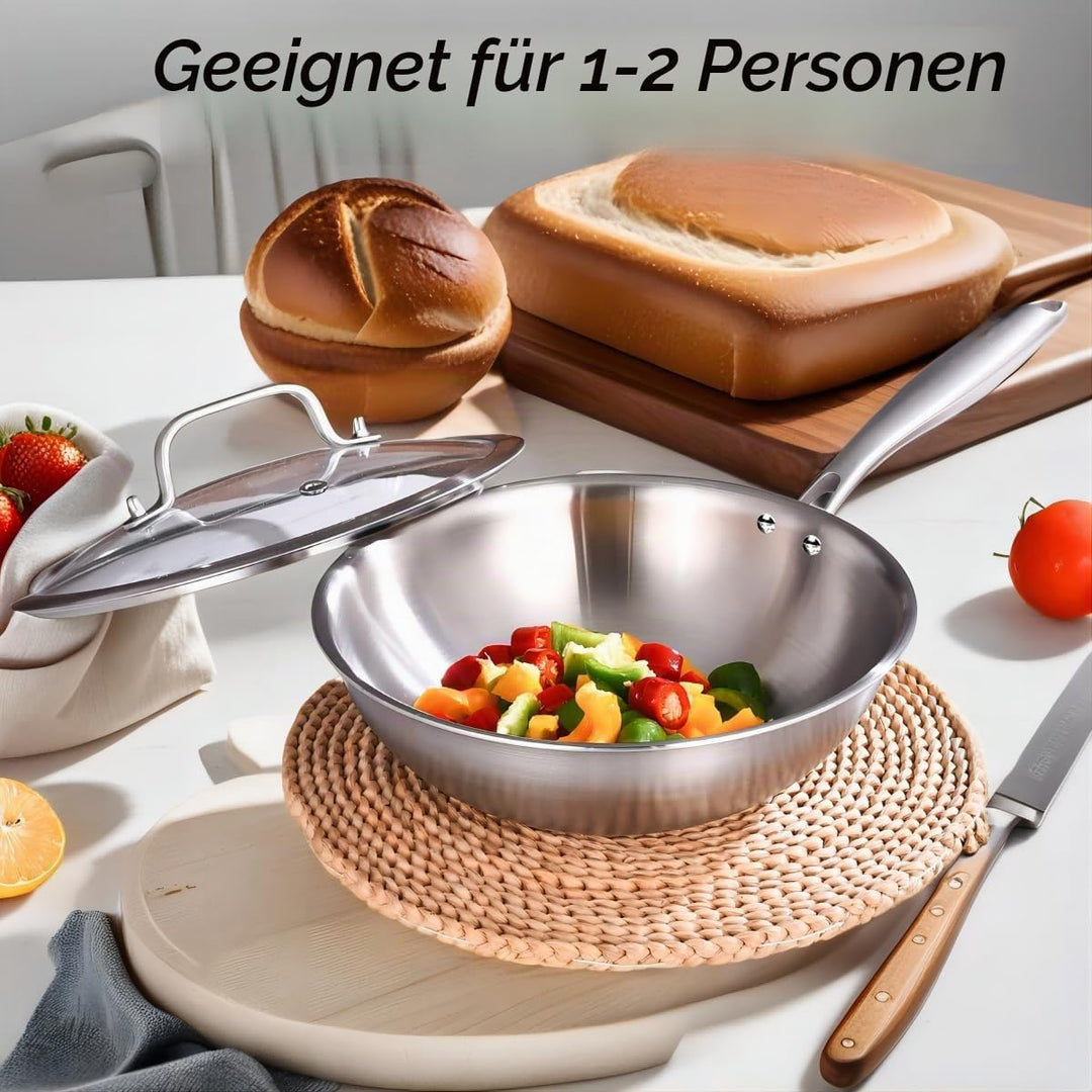 LOLYKITCH Wokpfanne Edelstahl 26 cm mit Deckel, Unbeschichtete Wok Pfanne für Induktion & Gasherd, E