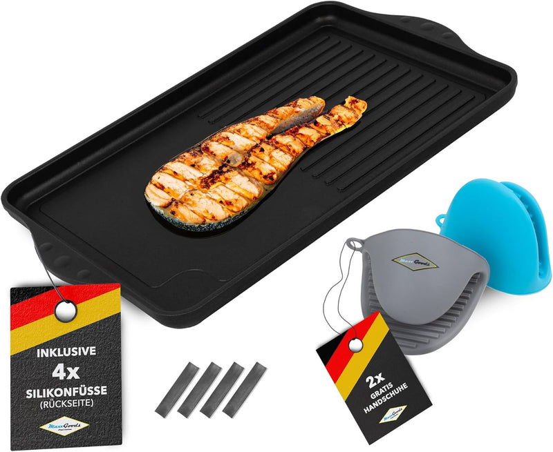 MaxxGoods - Aluminiumguss Grillplatte halb glatt gerippt - 43x28x2cm - für Induktion & alle gängigen