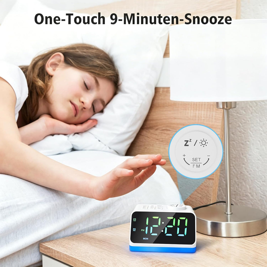 Digitaler Radiowecker für das Schlafzimmer – 8-farbiges Nachtlicht (0-100% dimmbar), Doppelalarm mit